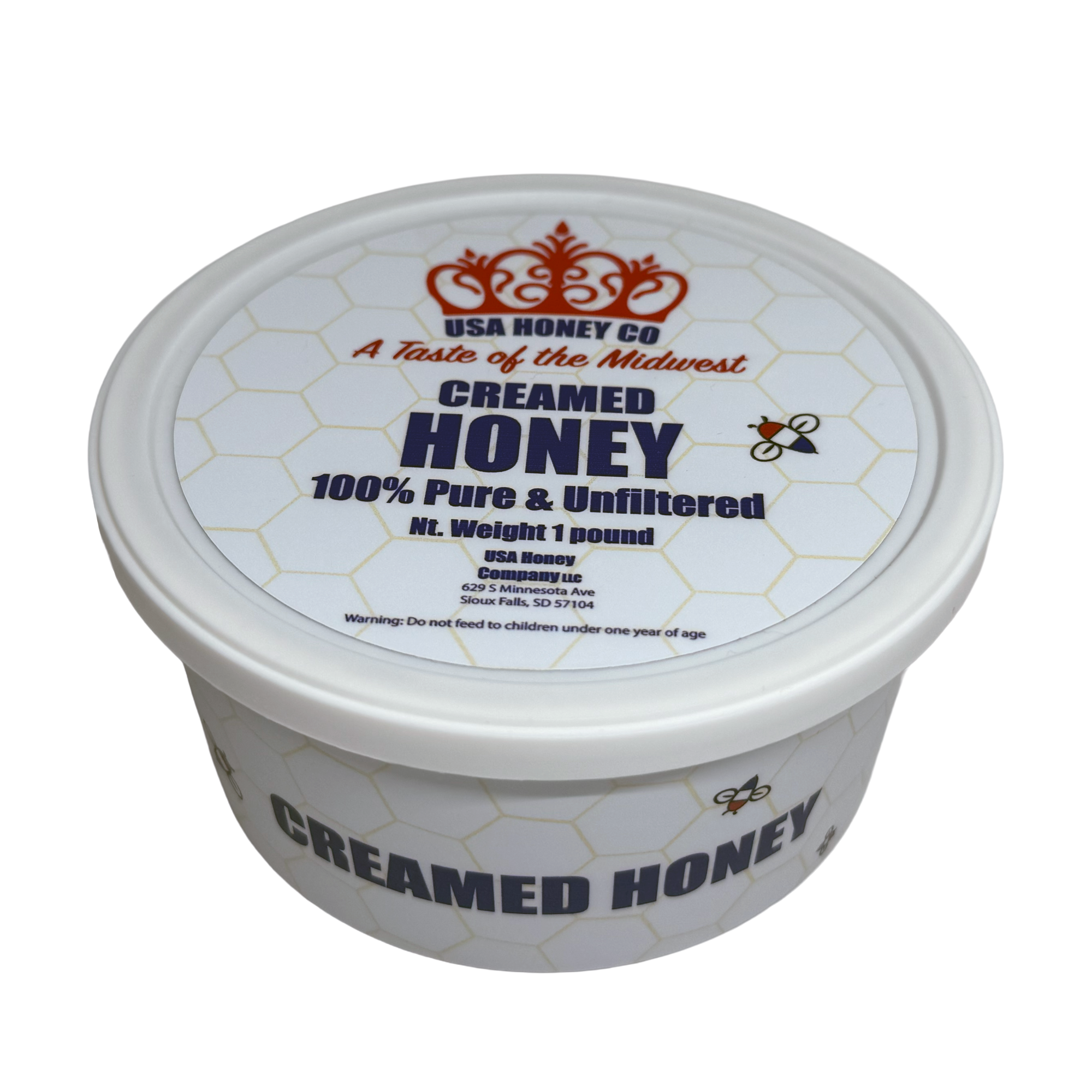 Container of creamed honey with USA Honey Co branding on a white background